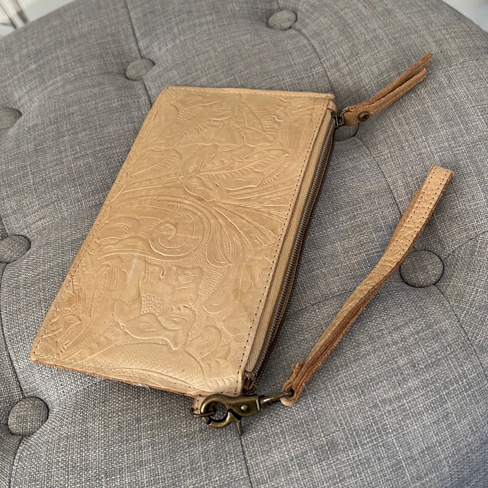 American Leather Company Tooled Leather Wristlet With Charging Brick Inside